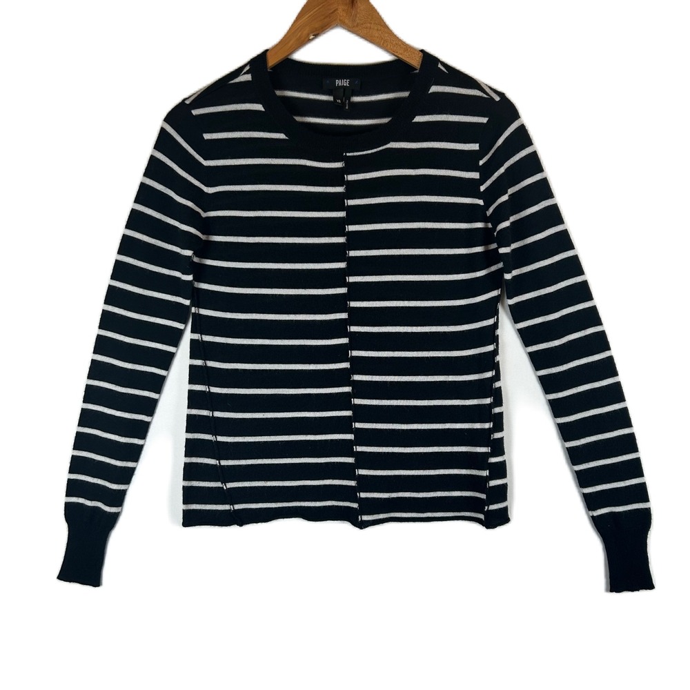 PAIGE Womens XS Merino Wool Blend Black White Striped Knit Sweater Long Sleeve